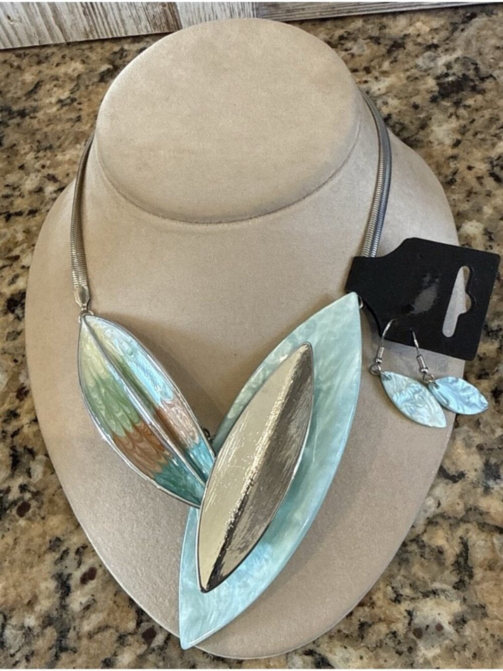 Leaf Choker Necklace & Earrings 15” + 3” -1” Blue/Silver